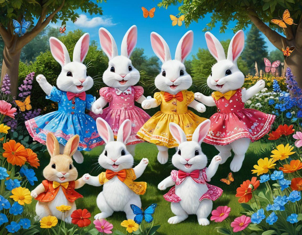 A whimsical, playful scene featuring cute, flirty bunnies dressed in colorful, stylish outfits, surrounded by a lively garden filled with vibrant flowers and butterflies. These bunnies are engaging in fun activities like dancing, playing games, and sharing laughter, embodying a sense of allure and charm. The background should be a bright, sunny day with a clear blue sky, emphasizing a lighthearted and joyful atmosphere. cartoonish style, vibrant colors.