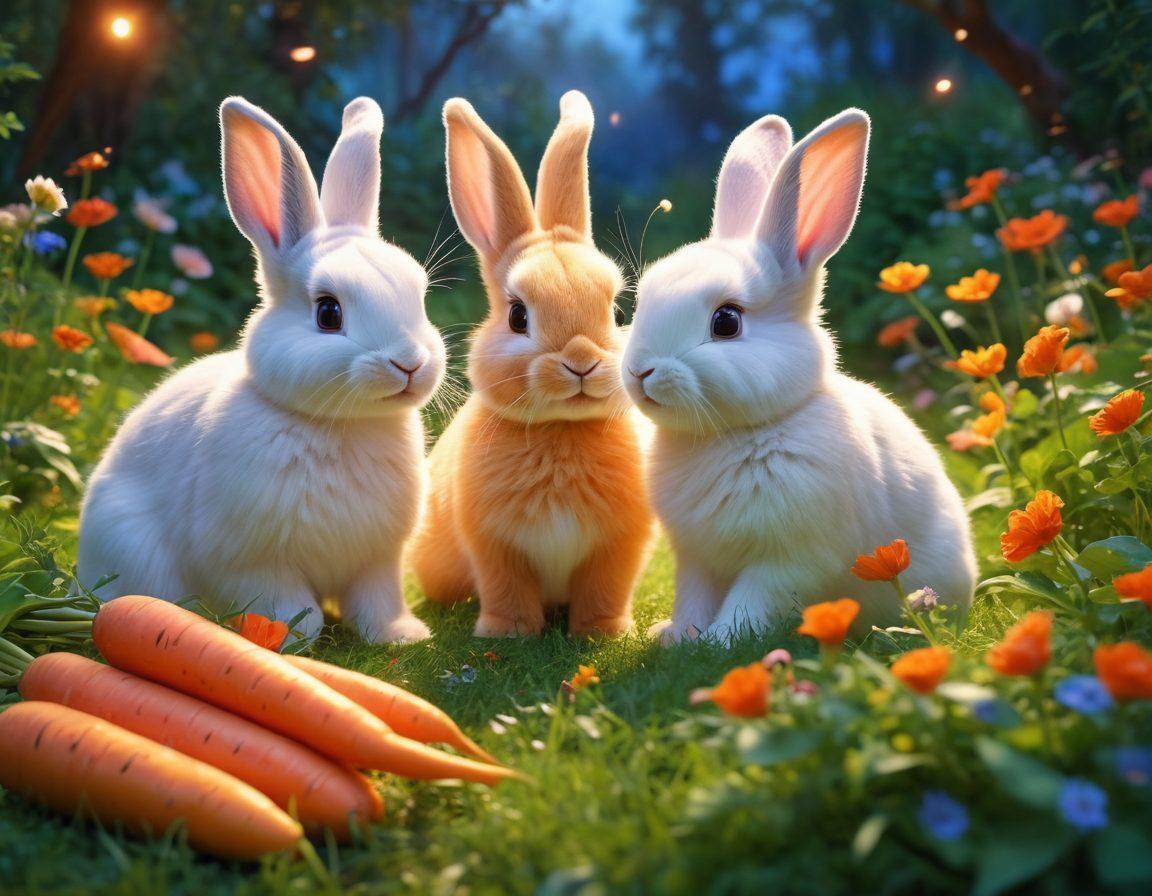 A whimsical scene featuring playful bunnies engaging in flirtatious antics, surrounded by vibrant flowers and lush greenery. One bunny winks with a mischievous grin, while another offers a bouquet of colorful carrots. The background includes a sparkling stream and softly glowing fireflies, evoking a magical atmosphere. Bright and cheerful color palette to enhance the playful mood. cartoon style. vibrant colors. magical ambiance.