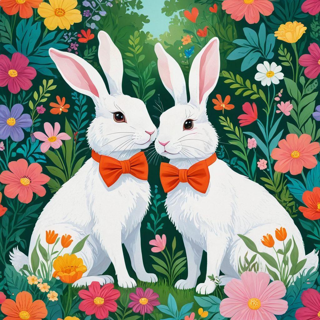 A whimsical scene featuring flirtatious rabbits in a lush garden, playfully interacting in various romantic poses while surrounded by colorful flowers and playful props like hearts and feather boas. One rabbit wears a charming bowtie, while another flaunts a playful wink. The background should be a vibrant mix of greenery and pastel colors, capturing a lighthearted and humorous atmosphere. cartoon style. vibrant colors. white background.